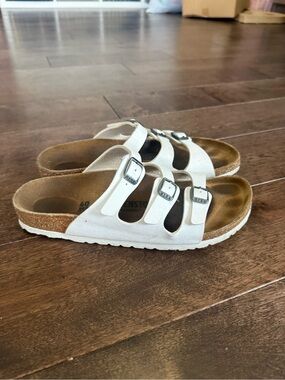 Birkenstock White Triple-Strap Sandals with Buckles